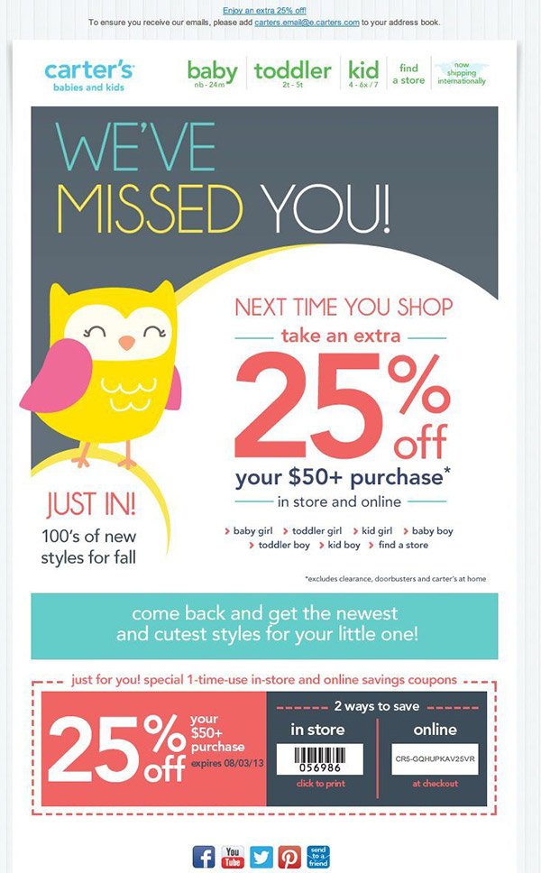 reactivate inactive subscribers email flow from carters