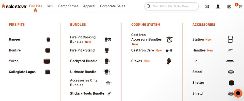 Solo Stove main drop down menu ecommerce