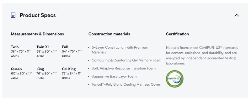 nectar-product-specs