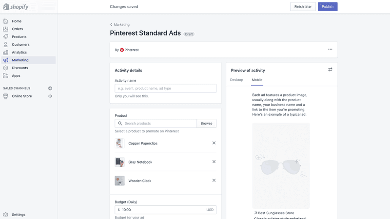 Pinterest app on shopify for ecommerce stores