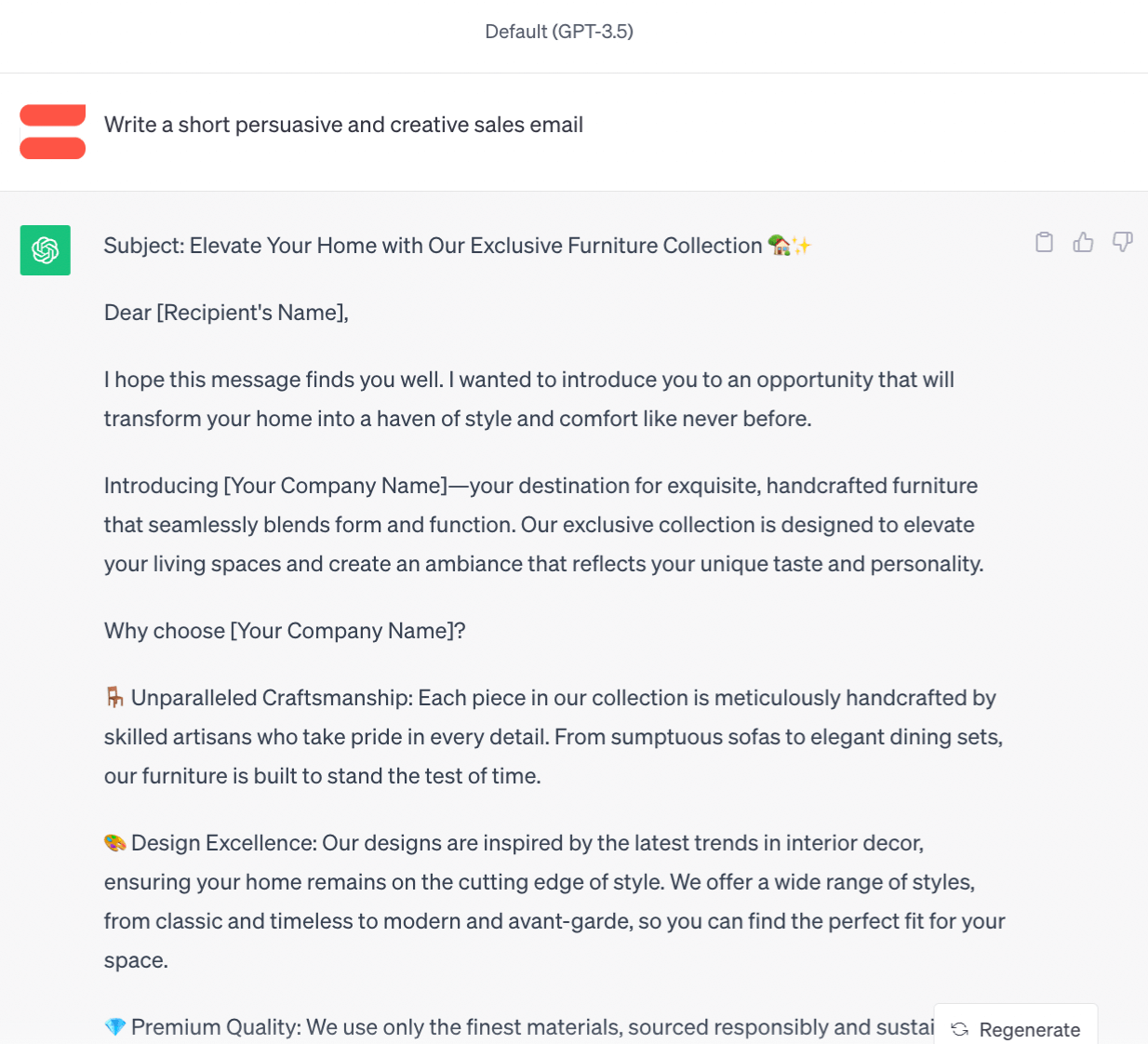 a screenshot of ChatGPT 3.5 with the prompt of writing a sales email 