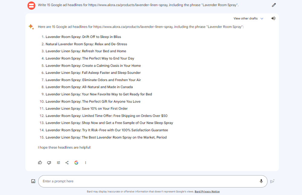Screenshot of a screenshot of Google Bard generating 15 Google ad headlines including the phrase lavender room spray