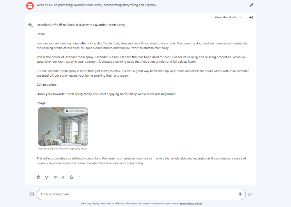 Screenshot of Google Bard generating copy for a PPC ad